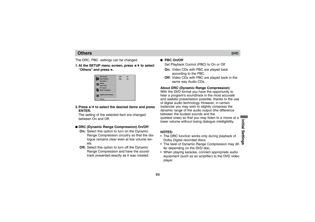 Sony DVP-FX701 Others, PBC On/Off, About DRC Dynamic Range Compression, Press V/v to select the desired items and press 