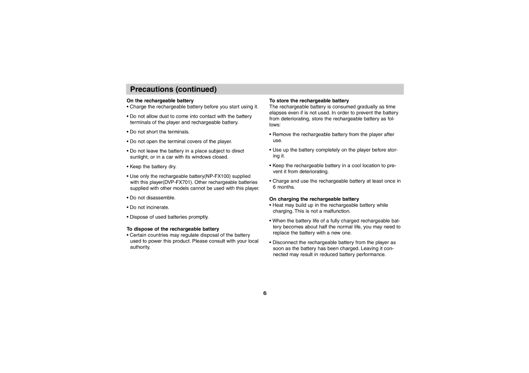 Sony DVP-FX701 On the rechargeable battery, To dispose of the rechargeable battery, To store the rechargeable battery 