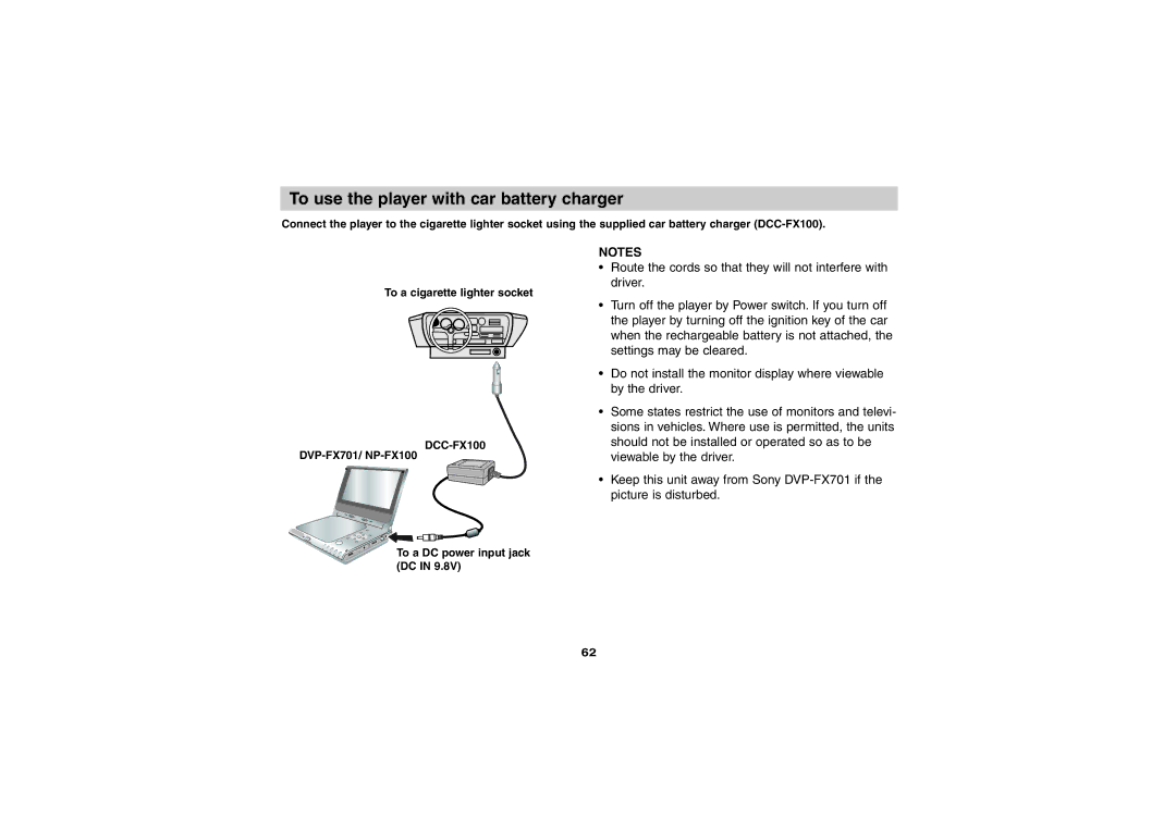 Sony DVP-FX701 operating instructions To use the player with car battery charger, To a cigarette lighter socket 