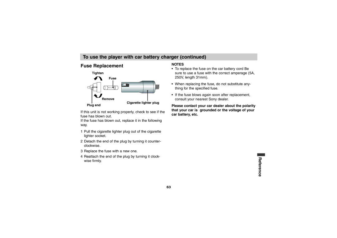 Sony DVP-FX701 operating instructions To use the player with car battery charger Fuse Replacement, Reference 