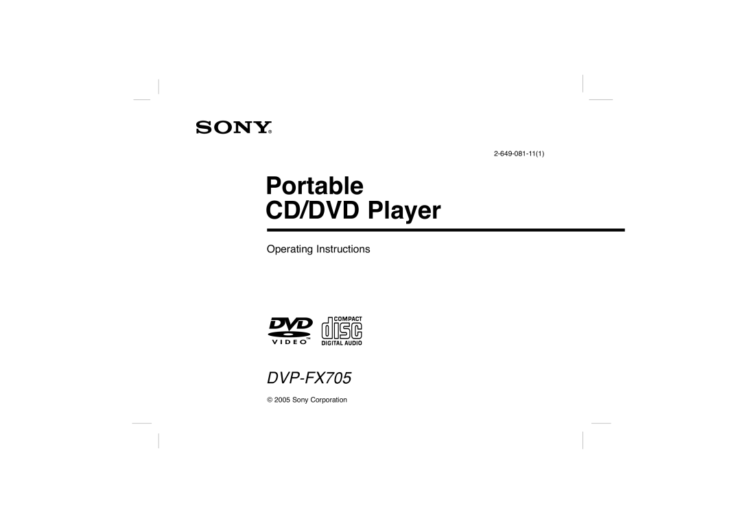 Sony DVP-FX705 operating instructions Portable CD/DVD Player 