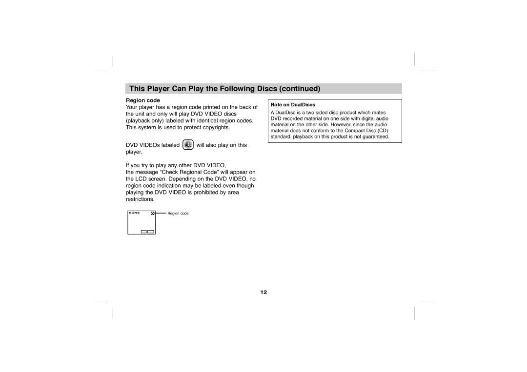 Sony DVP-FX705 operating instructions Region code 