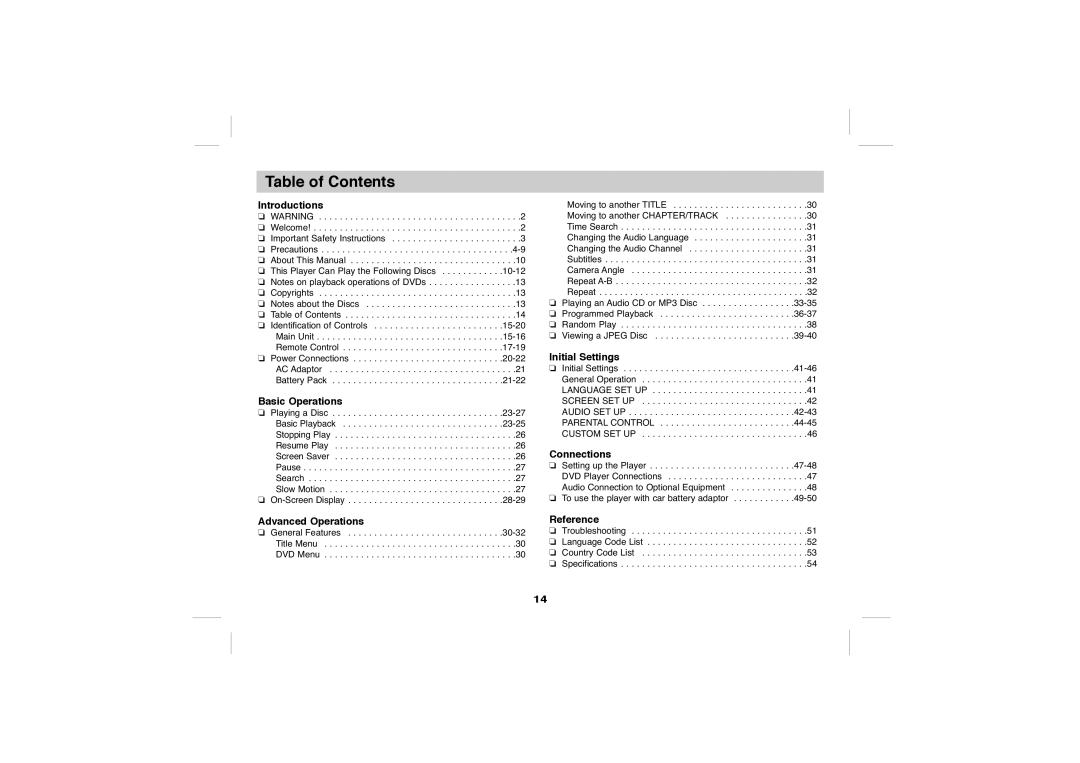 Sony DVP-FX705 operating instructions Table of Contents 