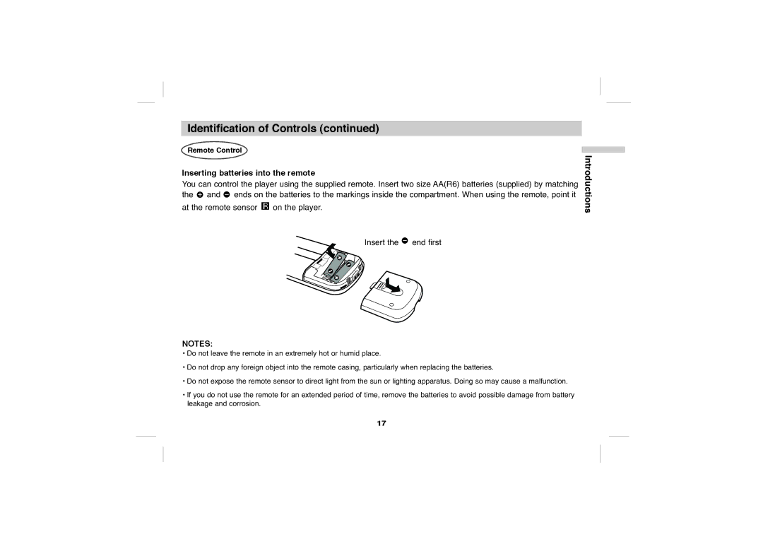 Sony DVP-FX705 operating instructions Inserting batteries into the remote, Remote Control 