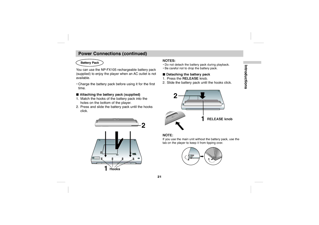 Sony DVP-FX705 Attaching the battery pack supplied, Hooks, Detaching the battery pack, Release knob, Battery Pack 