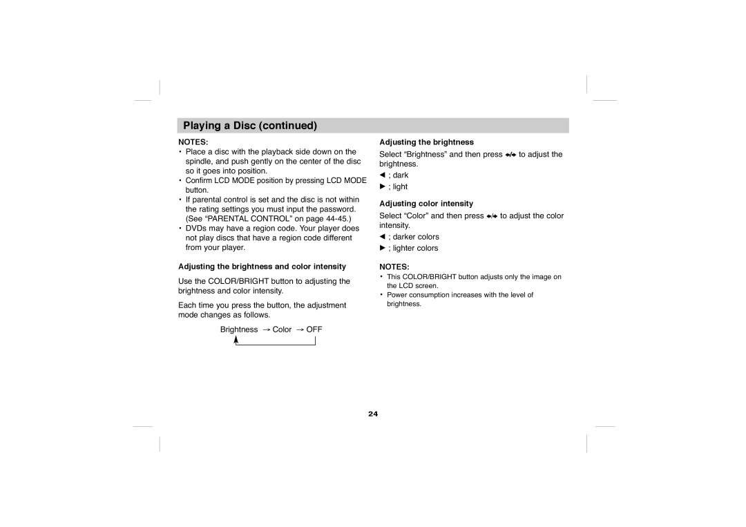 Sony DVP-FX705 operating instructions Adjusting the brightness and color intensity, Adjusting color intensity 