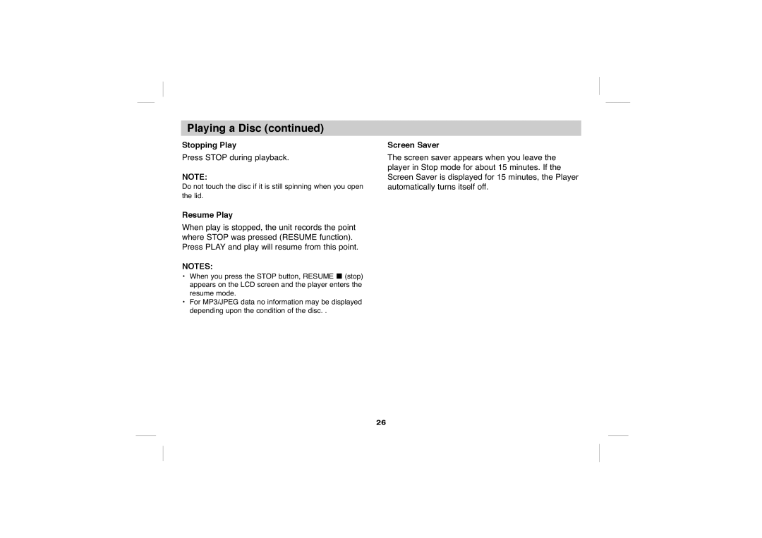 Sony DVP-FX705 operating instructions Stopping Play, Resume Play, Screen Saver 