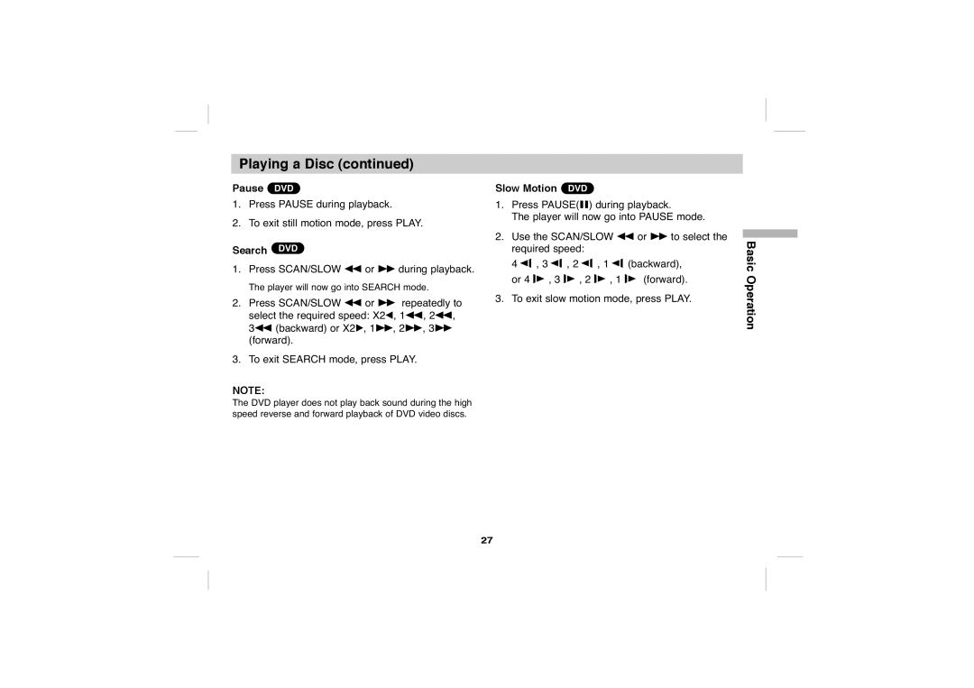 Sony DVP-FX705 operating instructions Pause DVD, Search DVD, Slow Motion DVD 