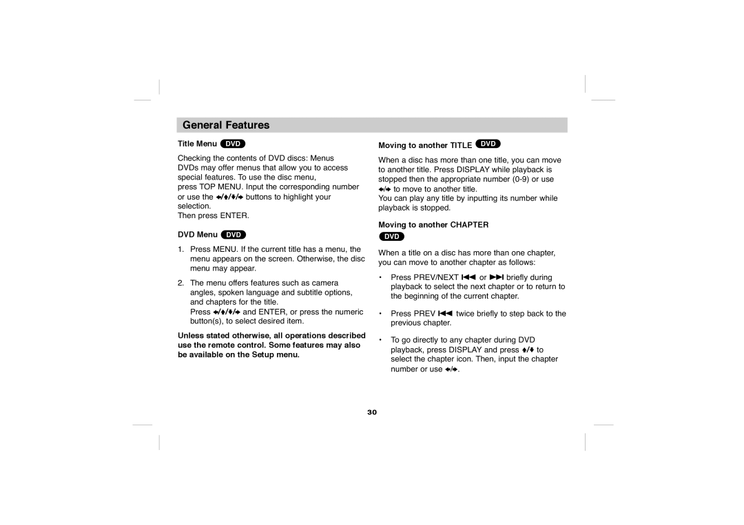 Sony DVP-FX705 operating instructions General Features, Title Menu DVD, DVD Menu DVD, Moving to another Chapter 