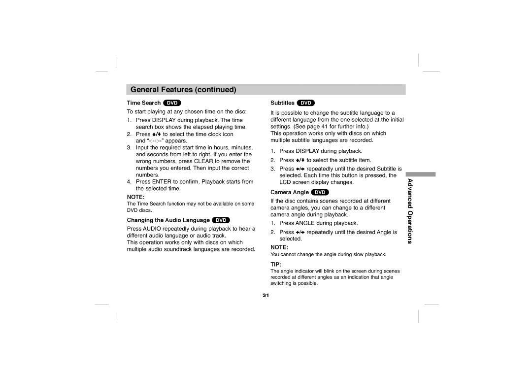 Sony DVP-FX705 operating instructions Time Search DVD, Changing the Audio Language DVD, Subtitles DVD, Camera Angle DVD 