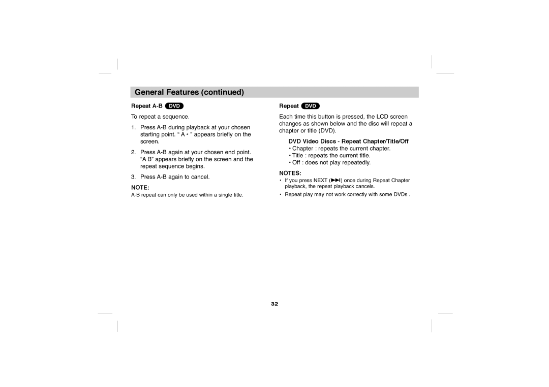 Sony DVP-FX705 operating instructions Repeat A-B DVD, Repeat DVD, DVD Video Discs Repeat Chapter/Title/Off 