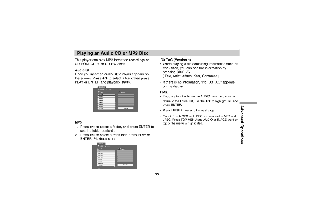 Sony DVP-FX705 operating instructions Playing an Audio CD or MP3 Disc, ID3 TAG Version, Advanced 