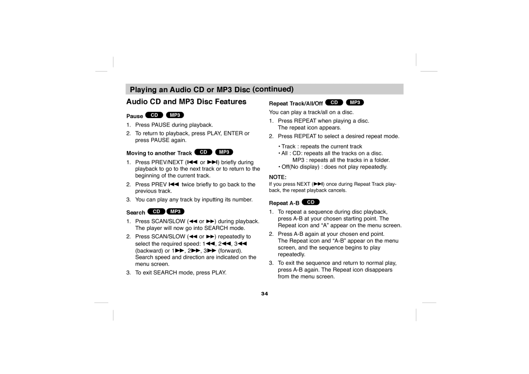 Sony DVP-FX705 operating instructions Pause CD MP3, Search CD MP3, Repeat A-B CD 