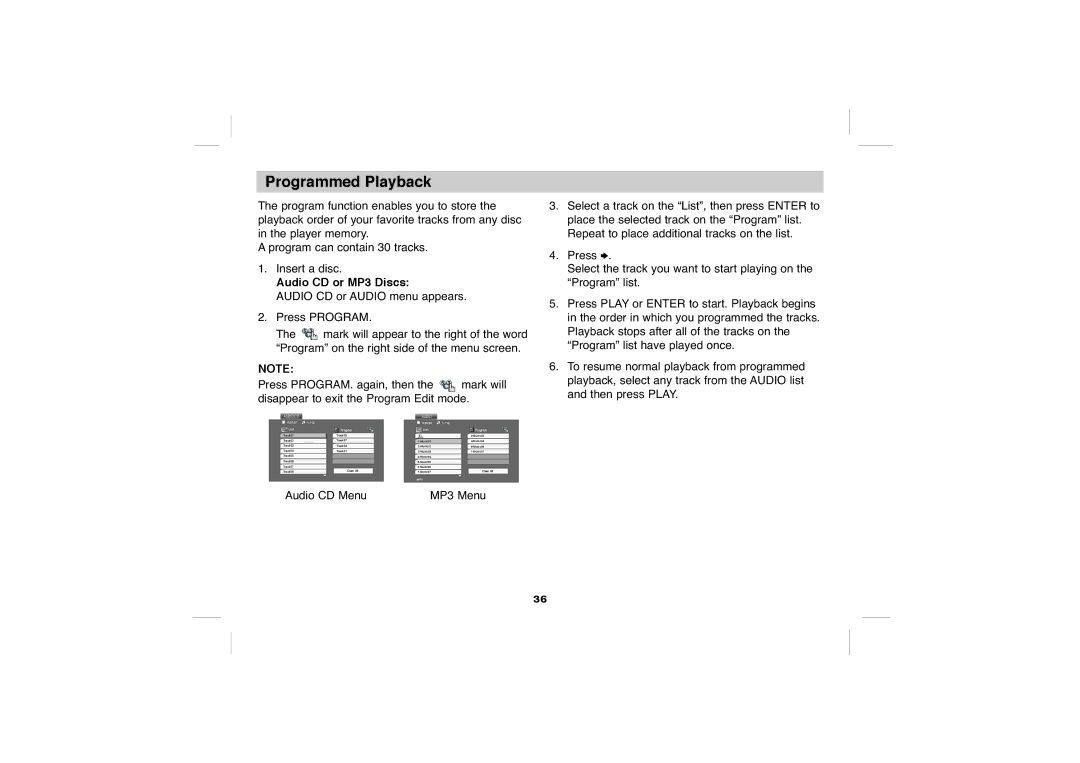 Sony DVP-FX705 operating instructions Programmed Playback, Audio CD or MP3 Discs 