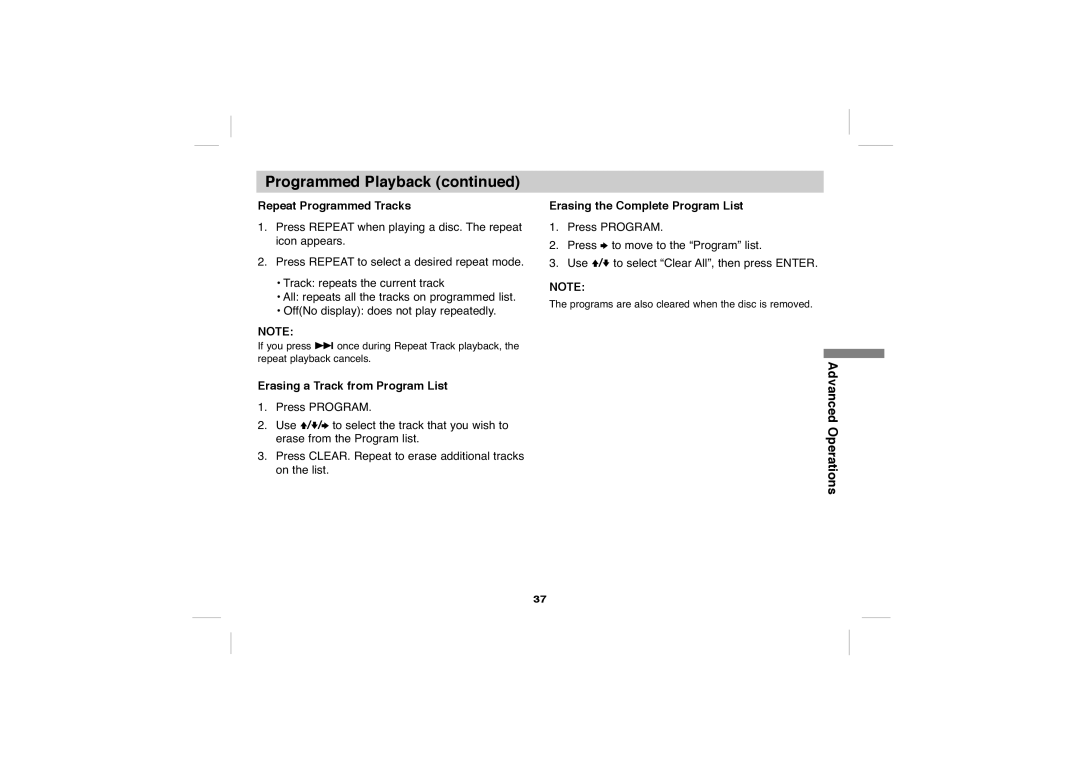 Sony DVP-FX705 Repeat Programmed Tracks, Erasing a Track from Program List, Erasing the Complete Program List 