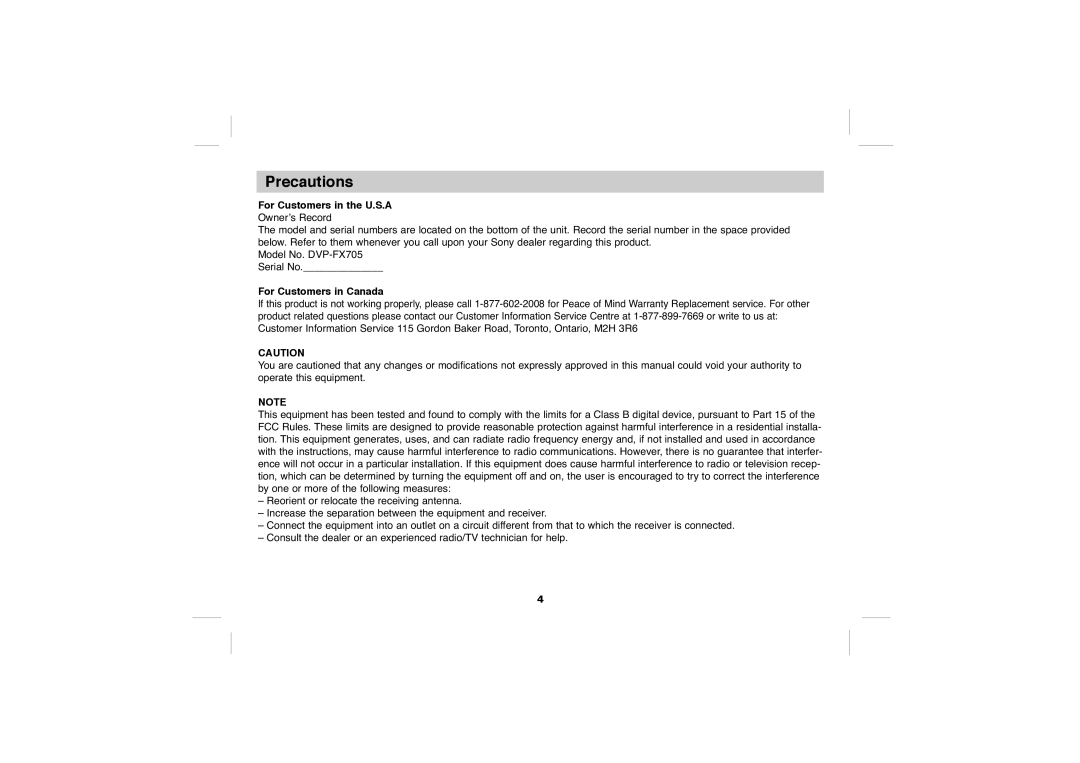 Sony DVP-FX705 operating instructions Precautions, For Customers in the U.S.A, For Customers in Canada 