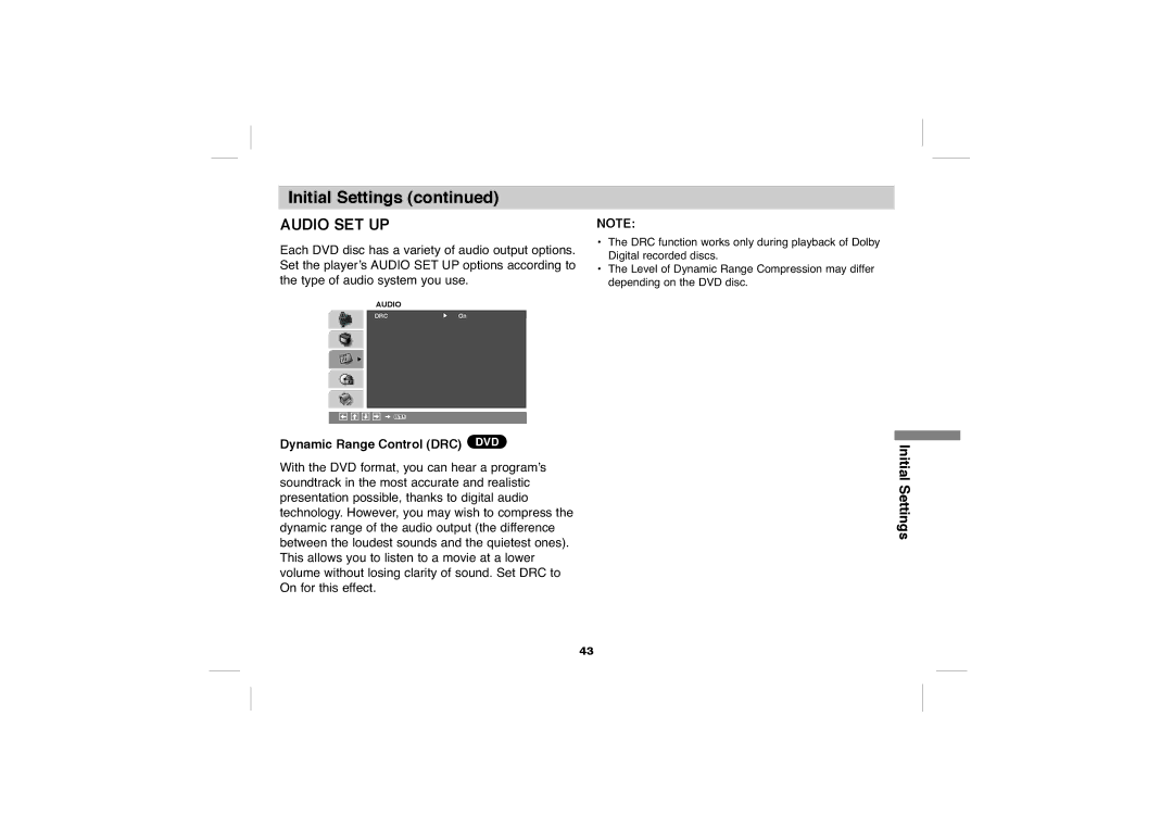 Sony DVP-FX705 operating instructions Audio SET UP, Dynamic Range Control DRC DVD 