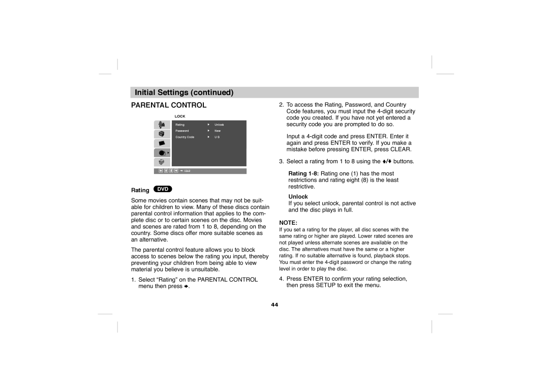 Sony DVP-FX705 operating instructions Rating DVD, Unlock 