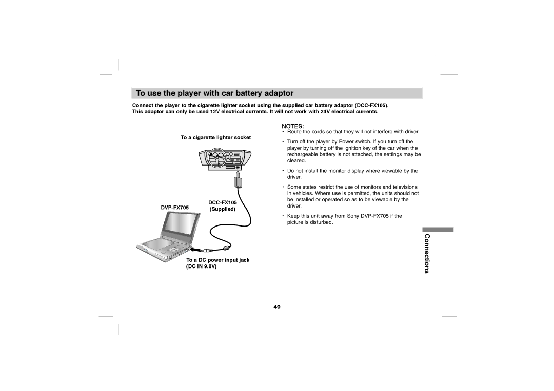 Sony DVP-FX705 operating instructions To use the player with car battery adaptor, To a cigarette lighter socket 