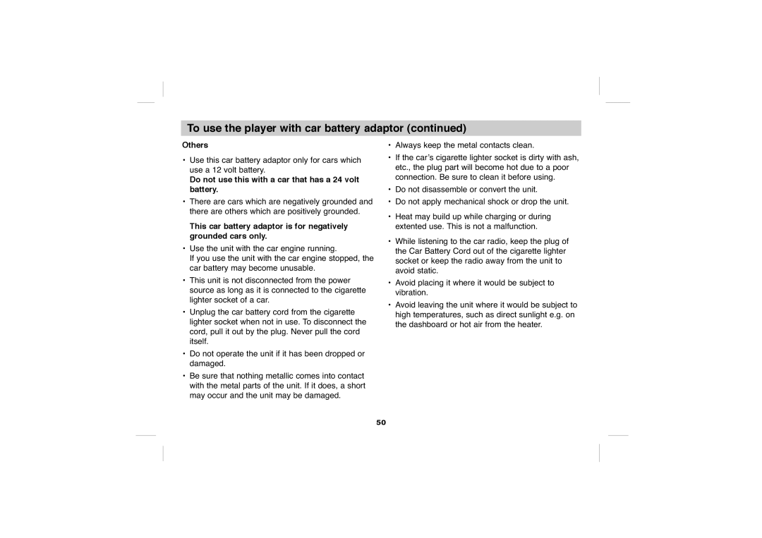 Sony DVP-FX705 operating instructions Others, Do not use this with a car that has a 24 volt battery 