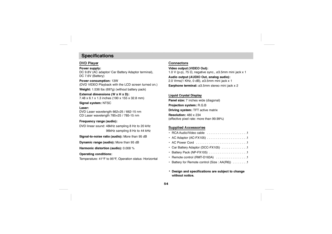 Sony DVP-FX705 operating instructions Specifications, DVD Player, Connectors, Supplied Accessories 