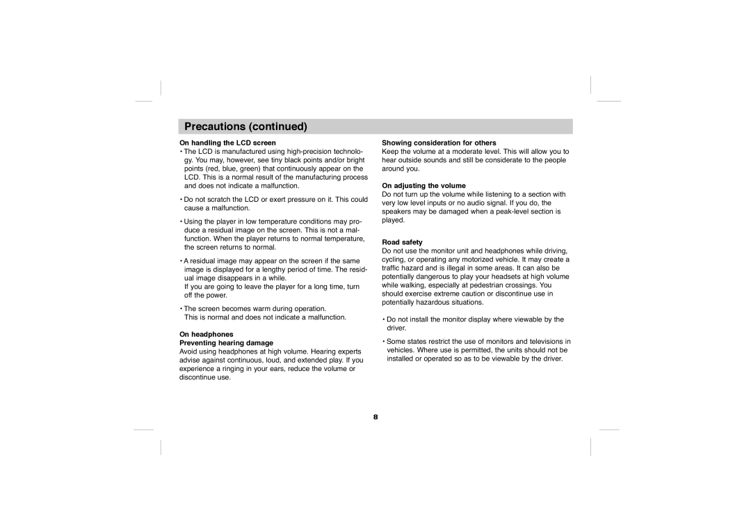 Sony DVP-FX705 operating instructions On handling the LCD screen, On headphones, On adjusting the volume, Road safety 