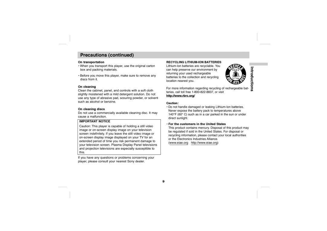 Sony DVP-FX705 operating instructions On transportation, On cleaning discs, For the customers in the United States 