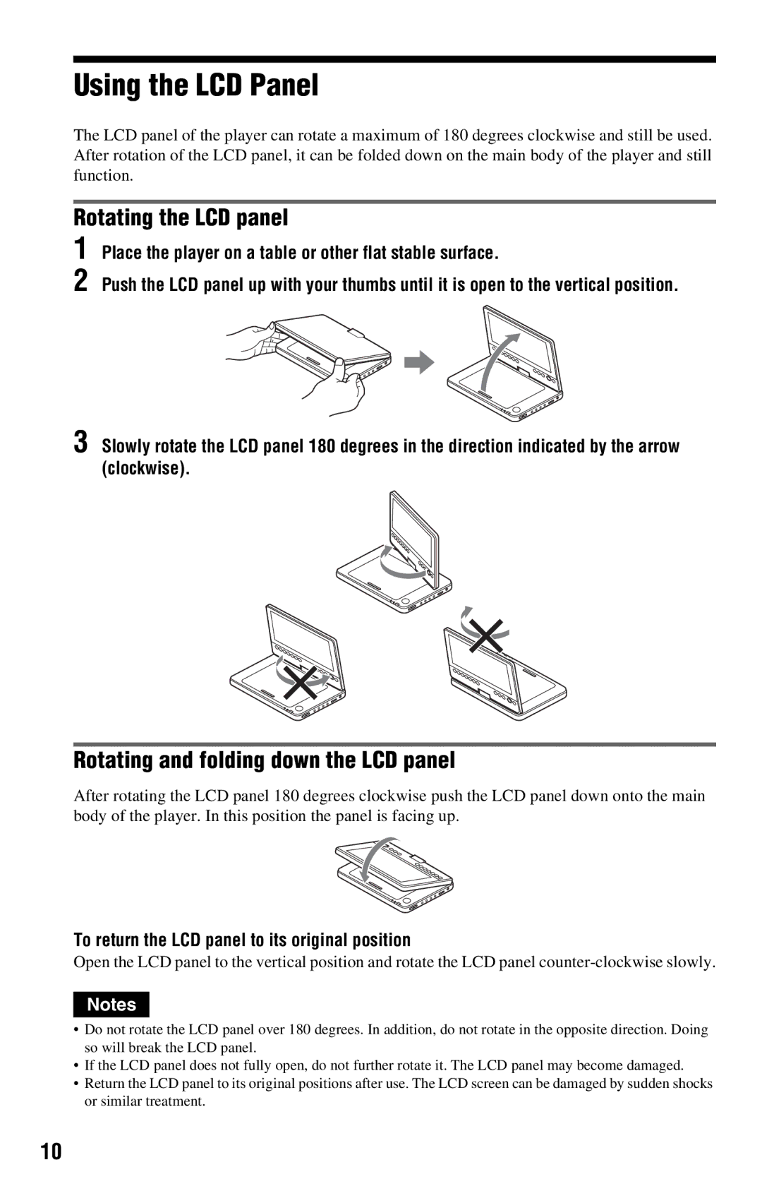 Sony DVP-FX820 operating instructions Using the LCD Panel, Rotating the LCD panel, Rotating and folding down the LCD panel 