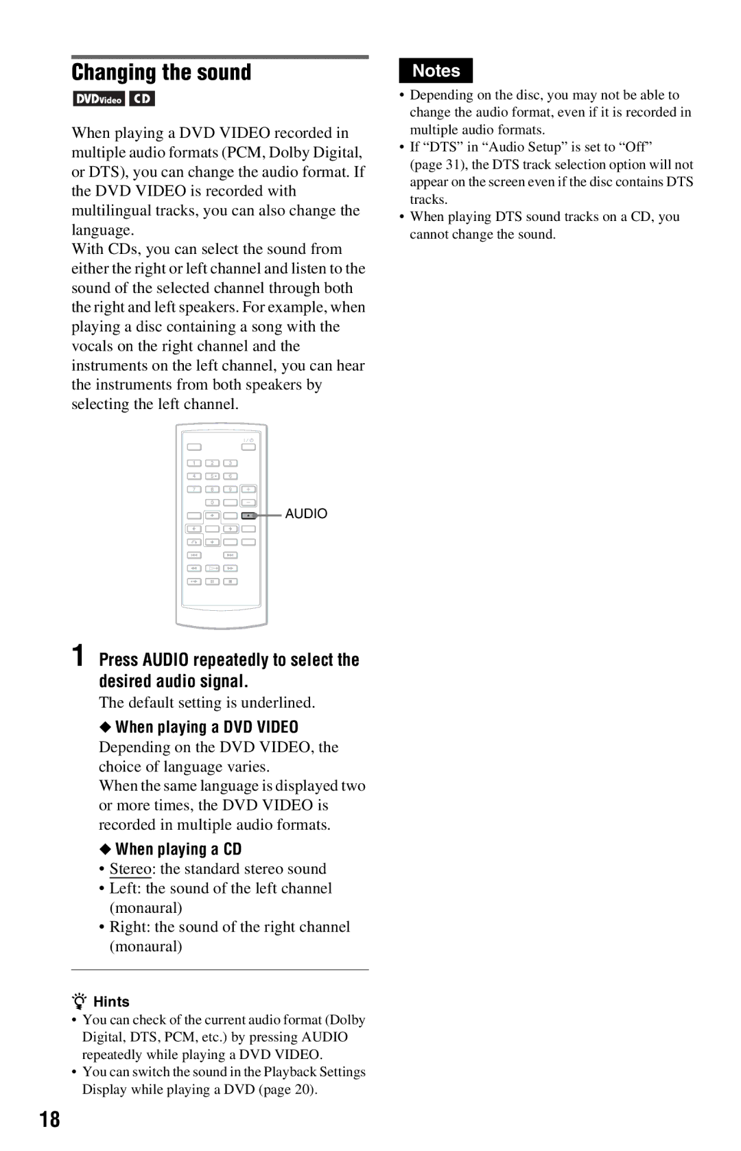 Sony DVP-FX820 Changing the sound, Press Audio repeatedly to select the desired audio signal, When playing a DVD Video 