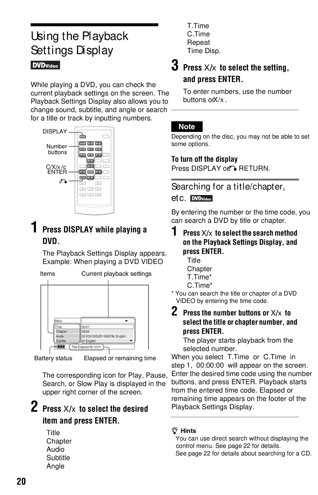 Sony DVP-FX820 Searching for a title/chapter, etc, Press Display while playing a DVD, To turn off the display 