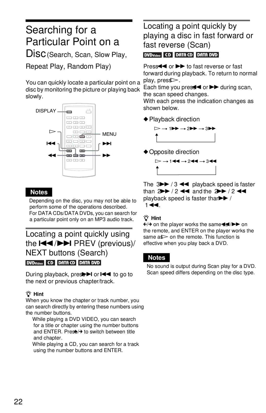 Sony DVP-FX820 Next buttons Search, Disc Search, Scan, Slow Play Repeat Play, Random Play, Playback direction 