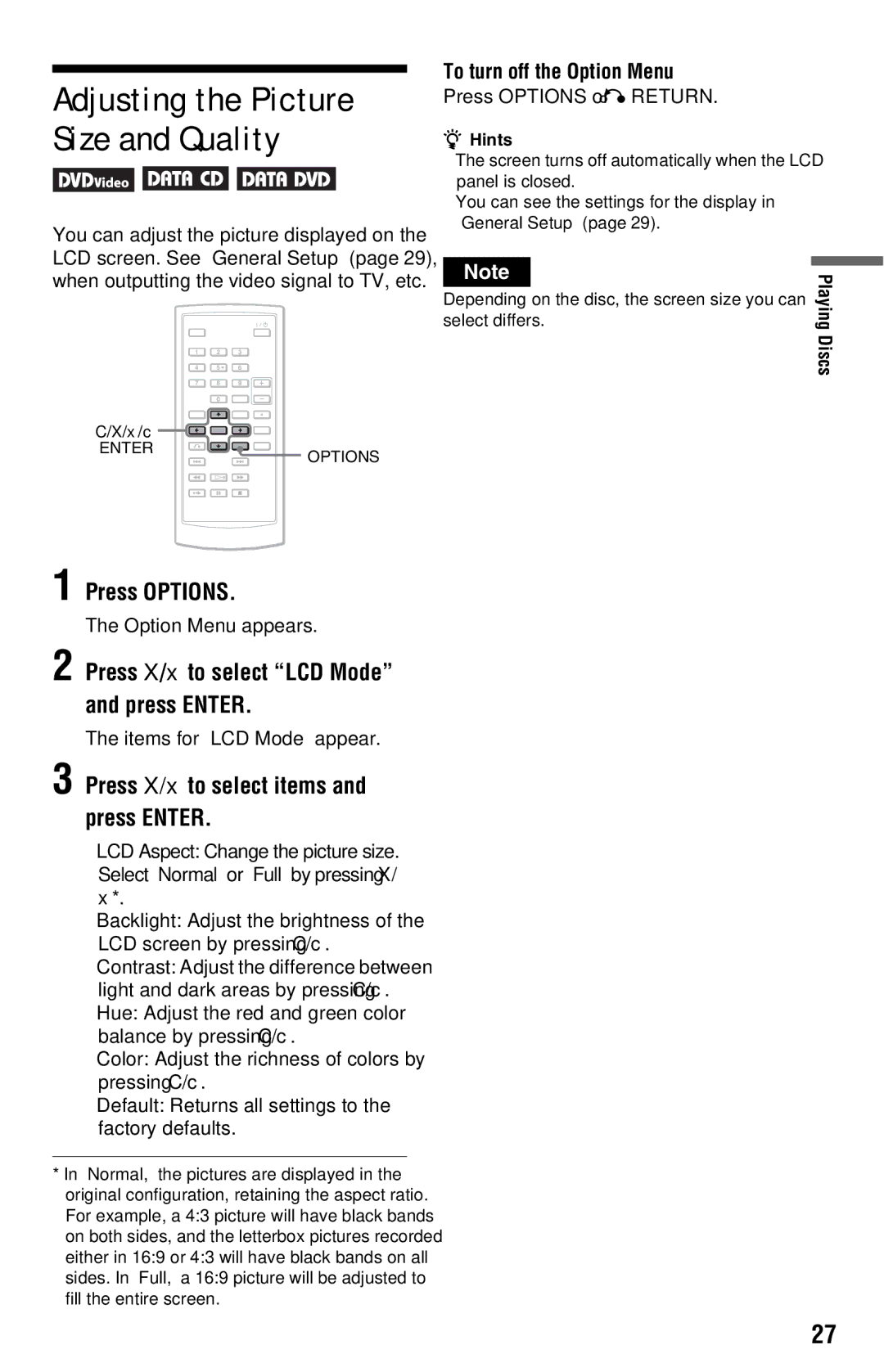 Sony DVP-FX820 Press Options, Press X/x to select LCD Mode and press Enter, Press X/x to select items and press Enter 