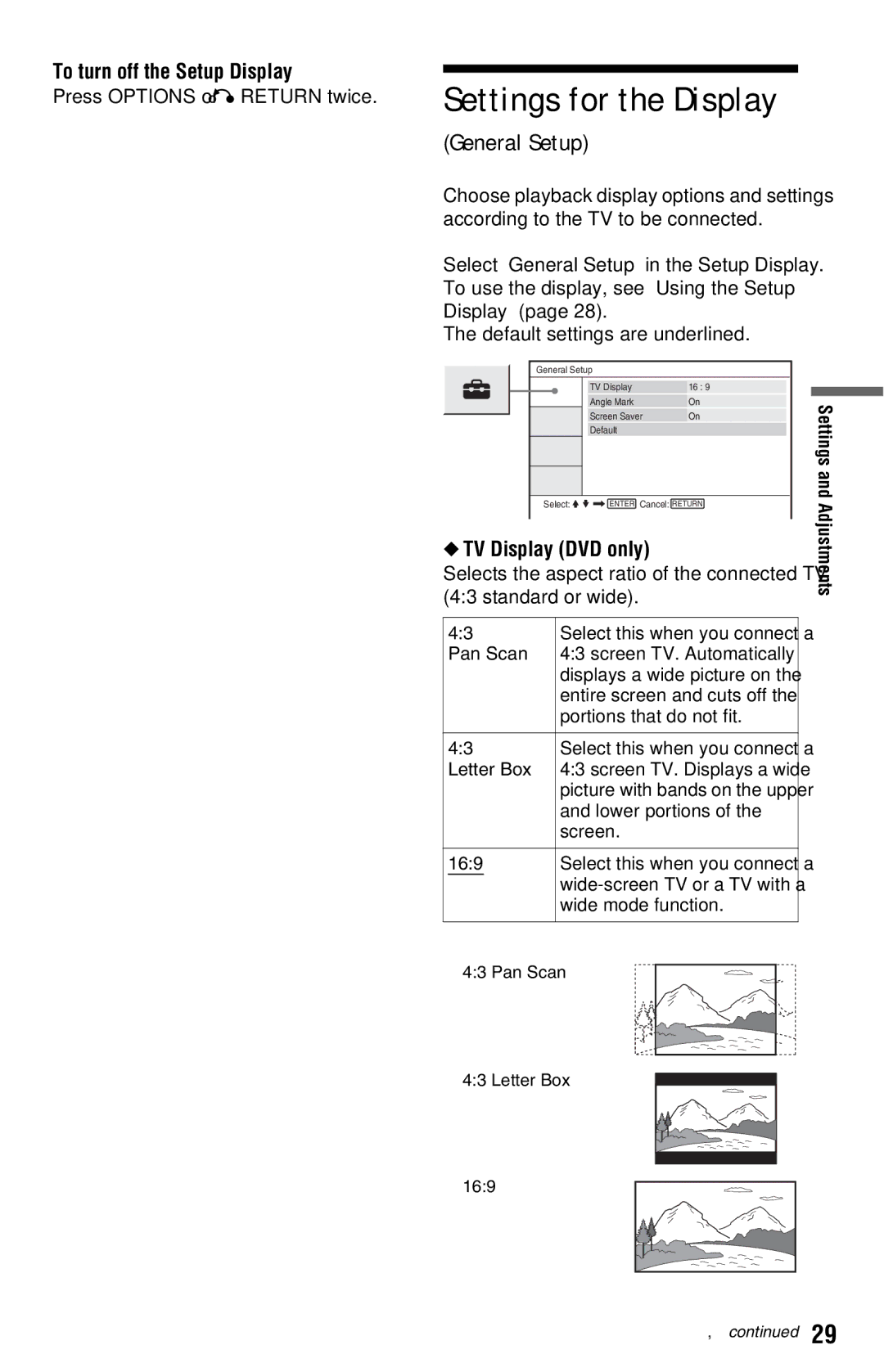 Sony DVP-FX820 General Setup, To turn off the Setup Display, TV Display DVD only, Settings and Adjustments 