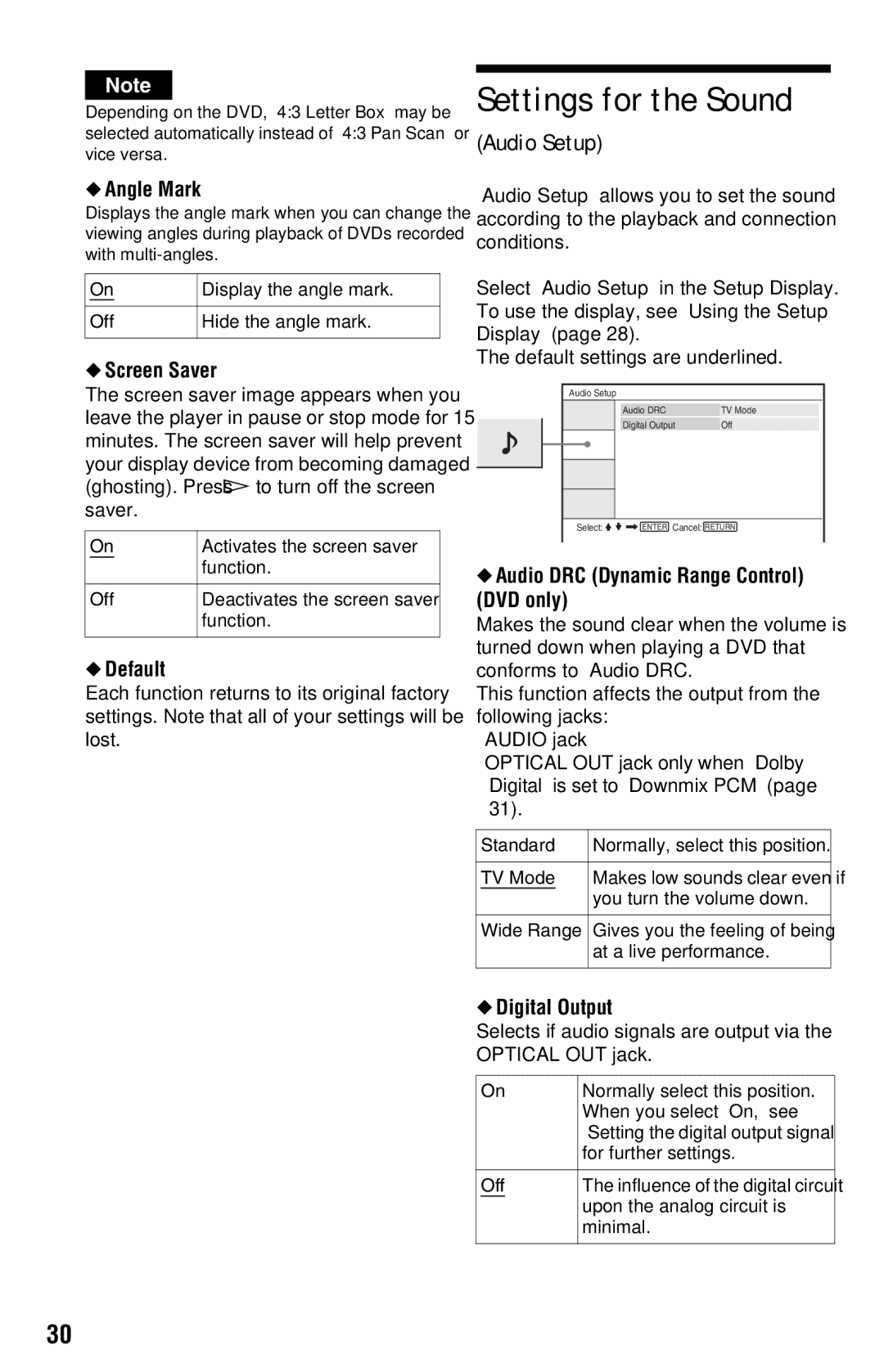 Sony DVP-FX820 operating instructions Settings for the Sound, Audio Setup 