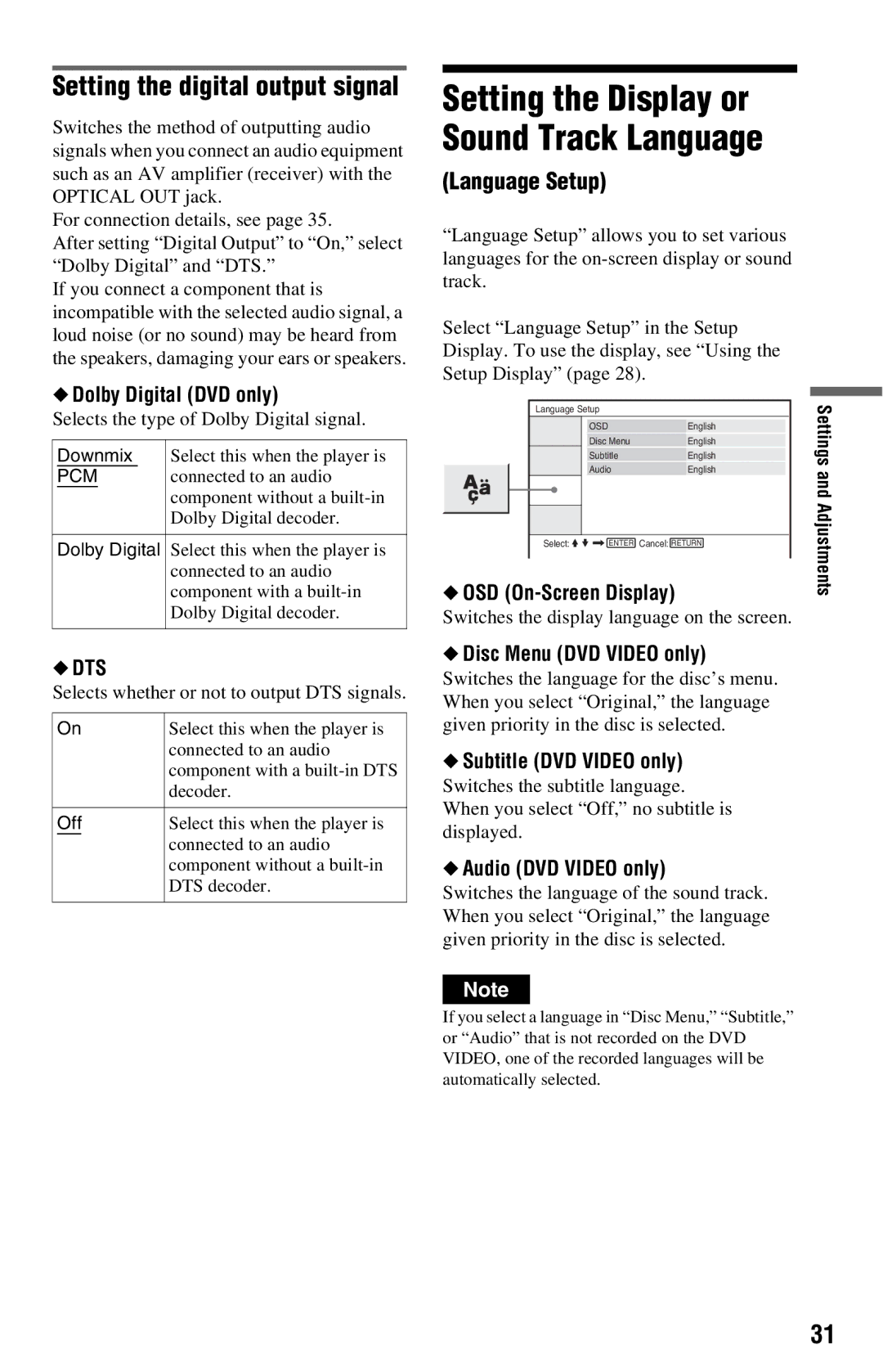 Sony DVP-FX820 operating instructions Setting the digital output signal, Language Setup 