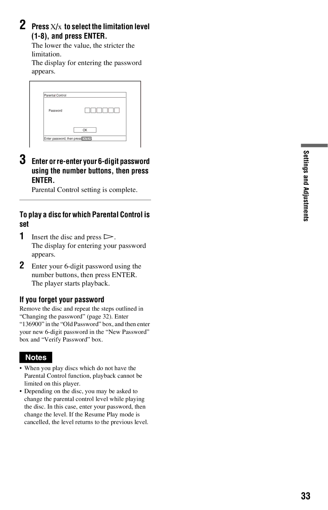 Sony DVP-FX820 operating instructions To play a disc for which Parental Control is set, If you forget your password 