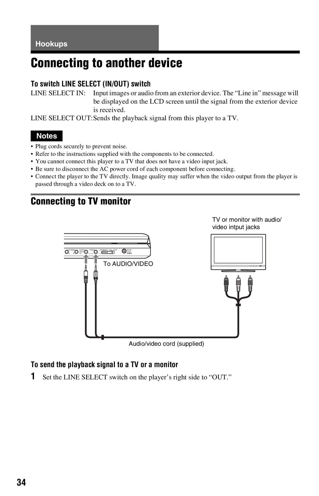 Sony DVP-FX820 Connecting to another device, Connecting to TV monitor, To switch Line Select IN/OUT switch 