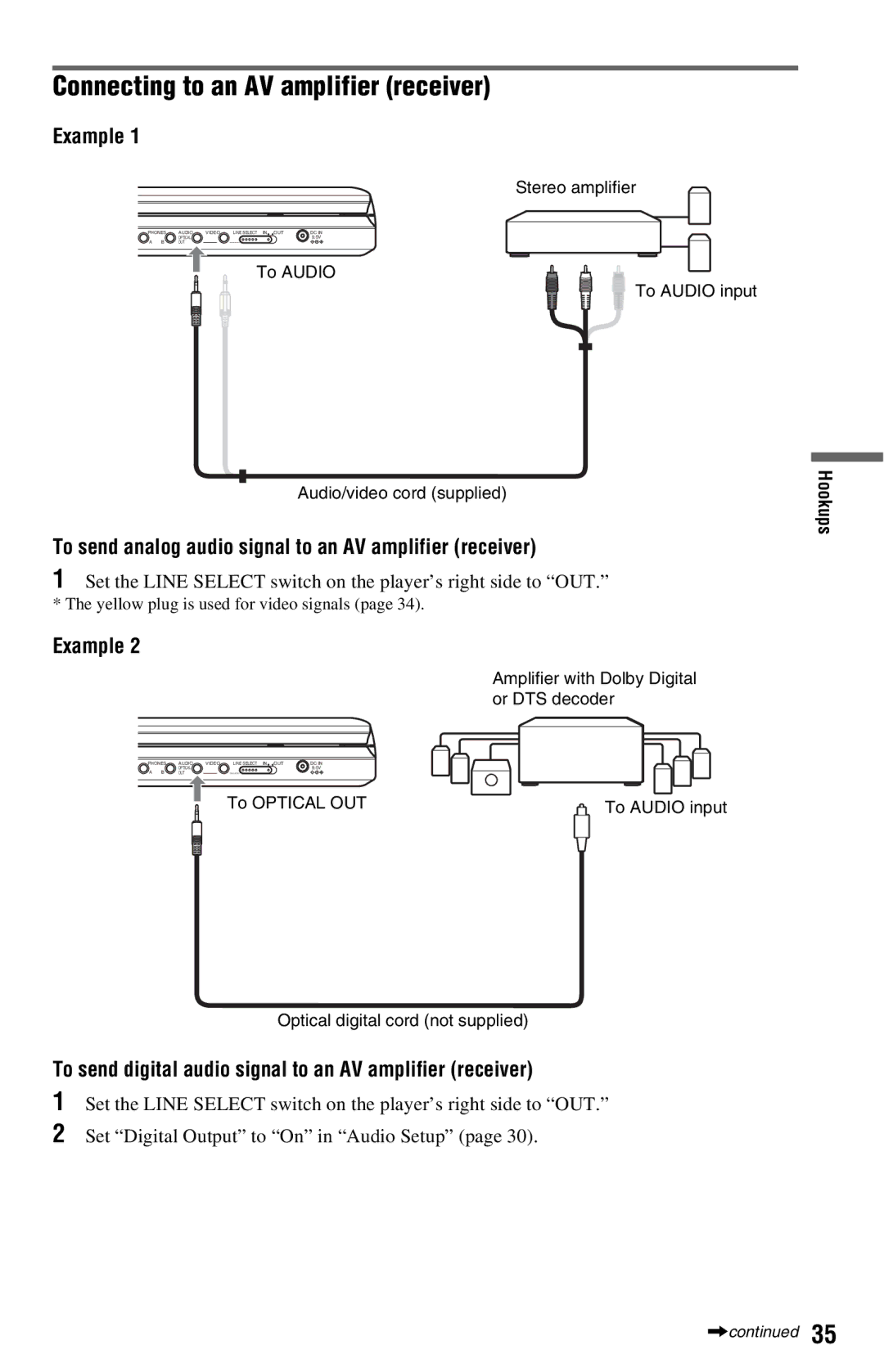 Sony DVP-FX820 Connecting to an AV amplifier receiver, Example, To send analog audio signal to an AV amplifier receiver 