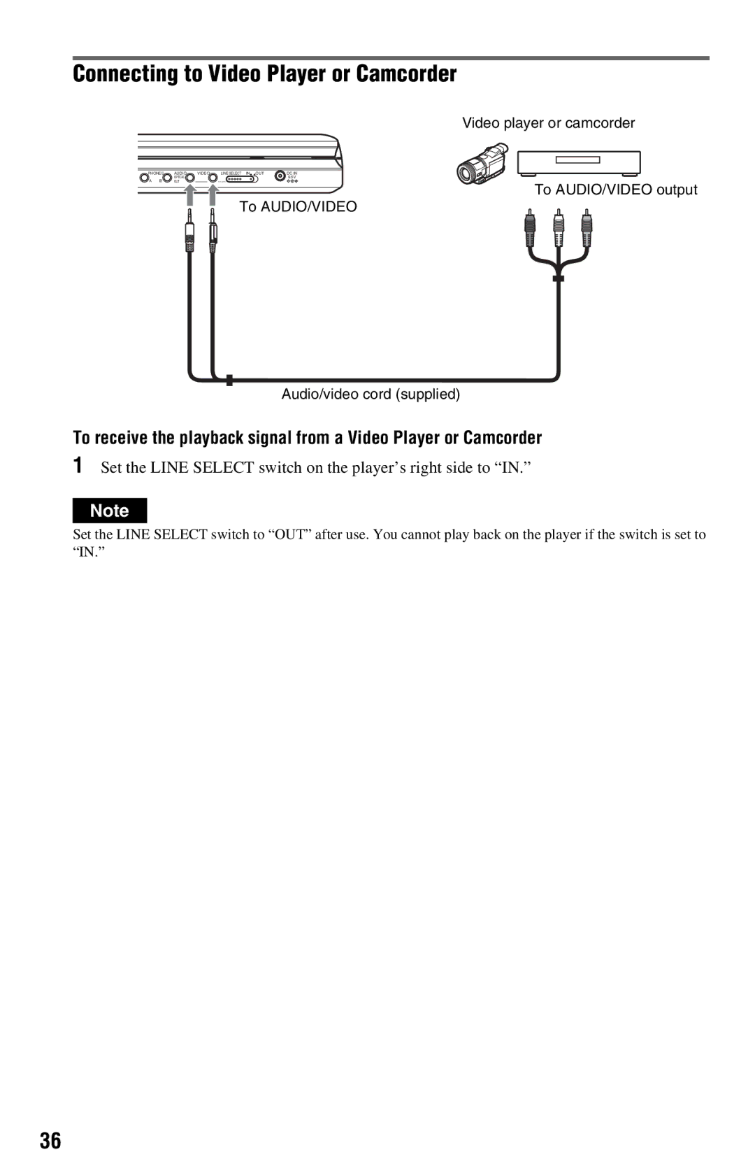 Sony DVP-FX820 Connecting to Video Player or Camcorder, Set the Line Select switch on the player’s right side to 