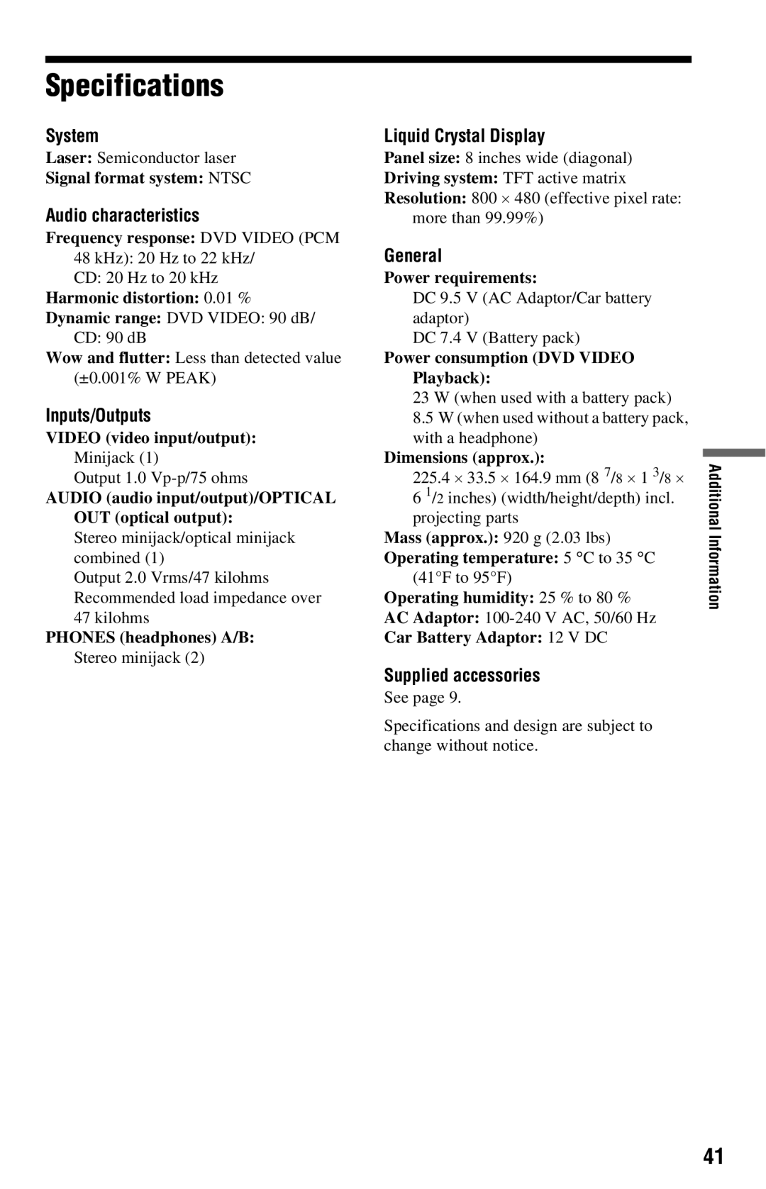 Sony DVP-FX820 operating instructions Specifications 