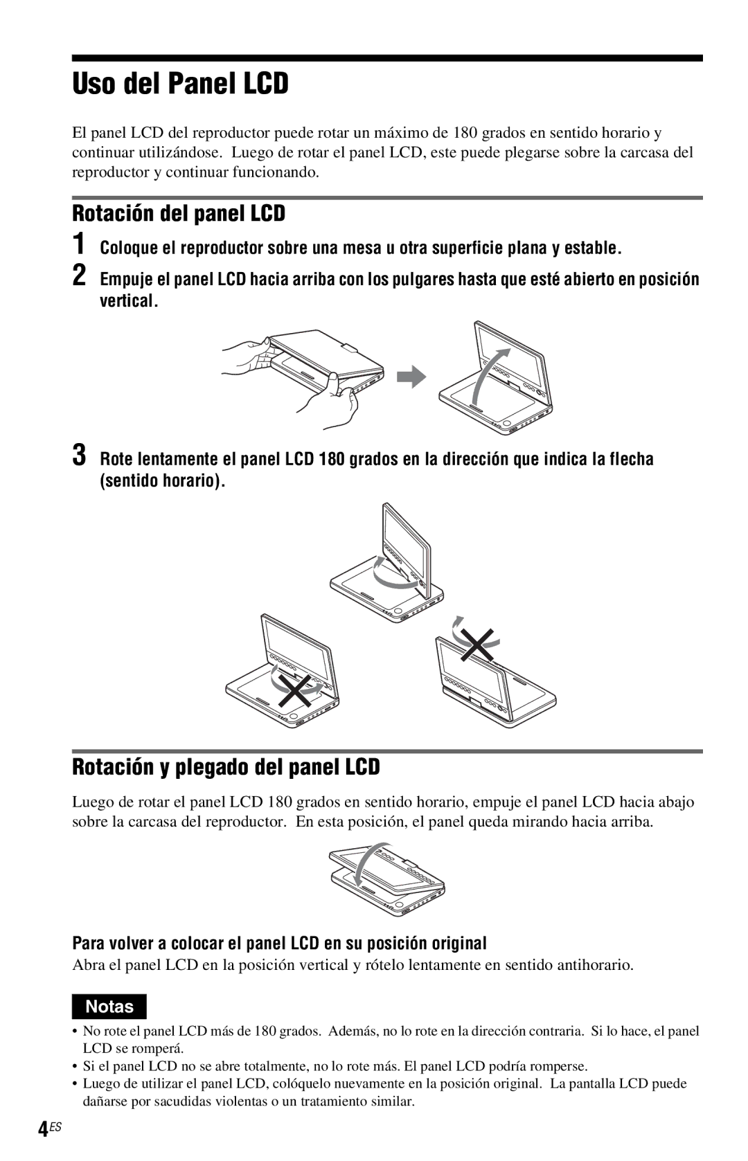 Sony DVP-FX820 operating instructions Uso del Panel LCD, Rotación del panel LCD, Rotación y plegado del panel LCD 