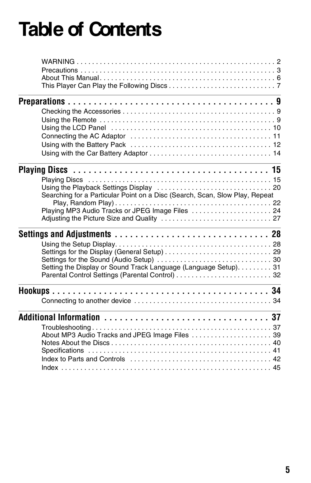 Sony DVP-FX820 operating instructions Table of Contents 