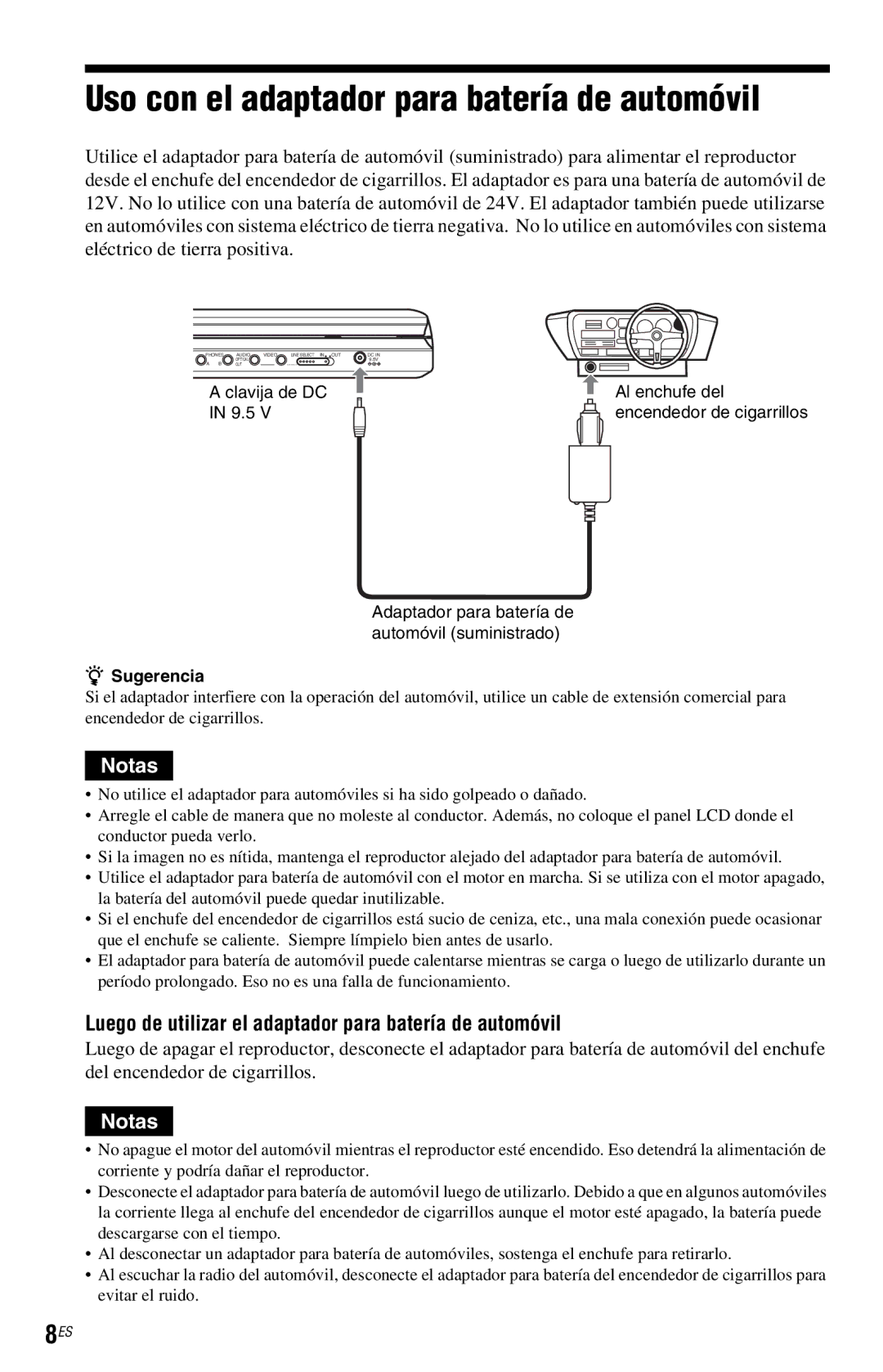 Sony DVP-FX820 Uso con el adaptador para batería de automóvil, Luego de utilizar el adaptador para batería de automóvil 