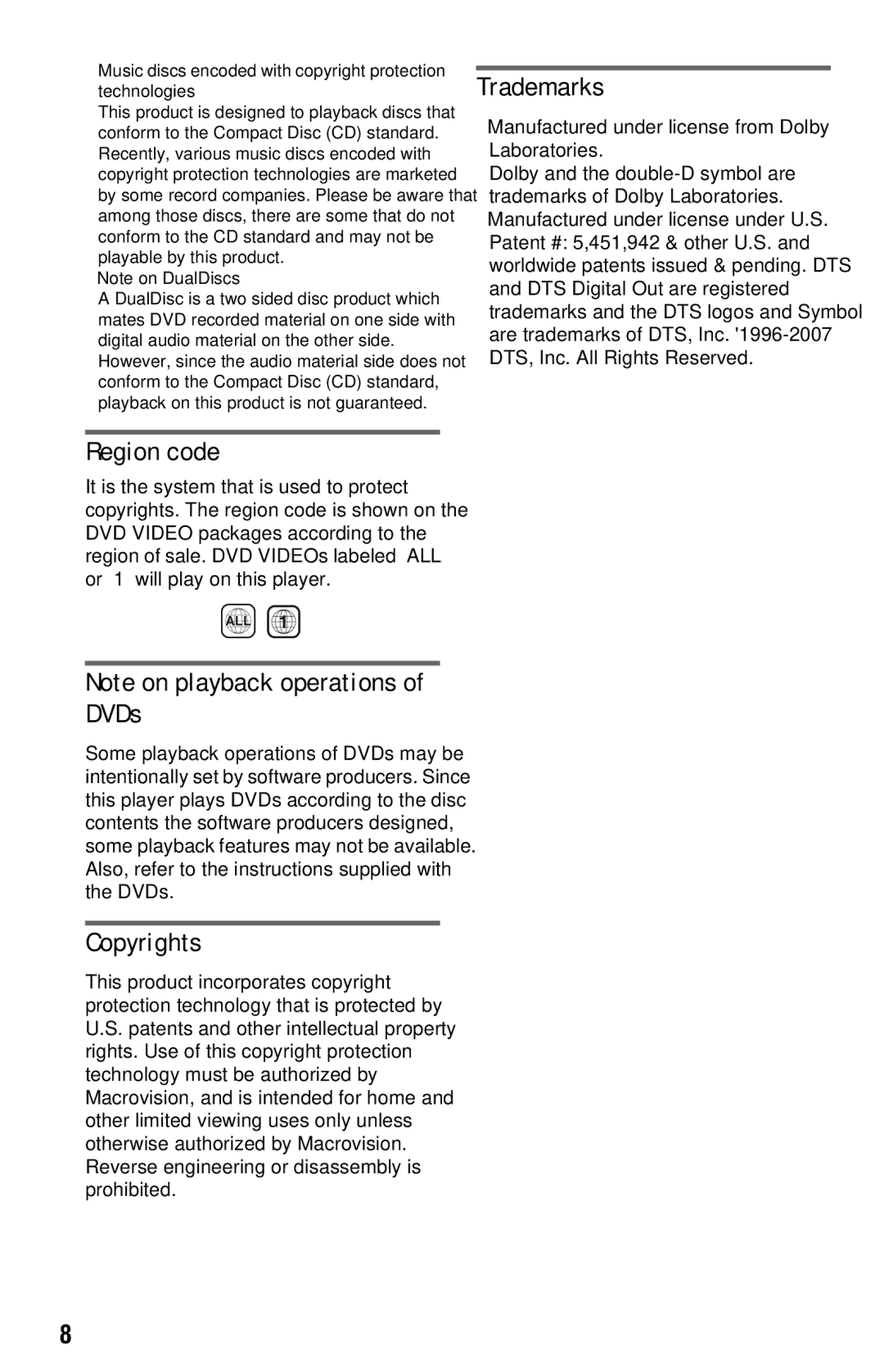 Sony DVP-FX820 operating instructions Region code, Copyrights, Trademarks 