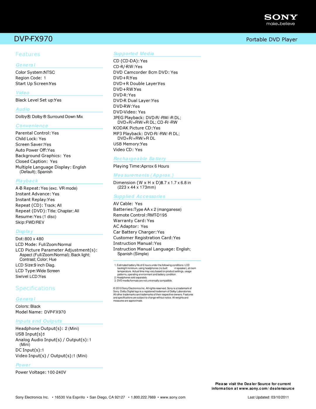 Sony DVP-FX970 manual Features, Specifications 