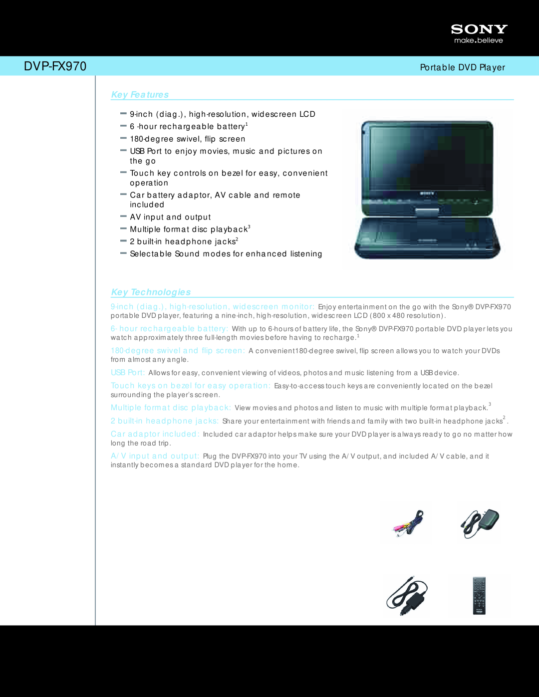 Sony DVP-FX970 manual Portable DVD Player, Key Features, Key Technologies, degree swivel, flip screen 