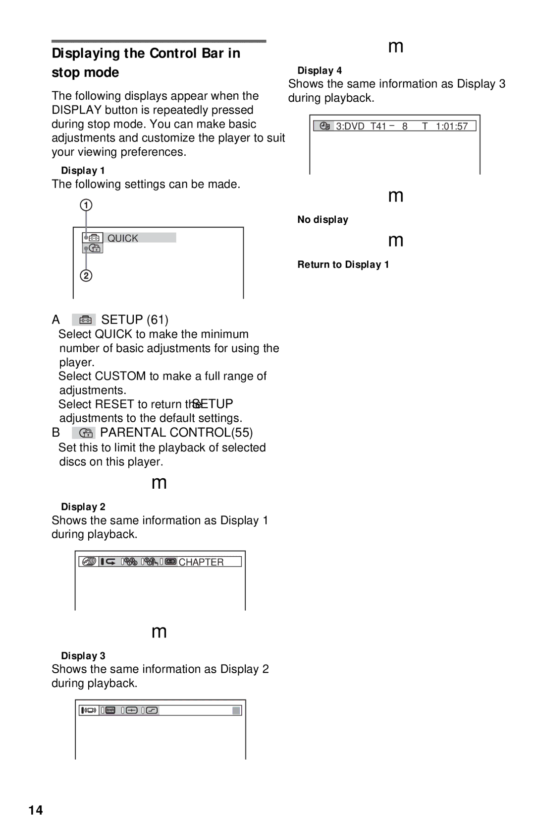 Sony DVP-NC615 operating instructions Displaying the Control Bar in stop mode, Following settings can be made 