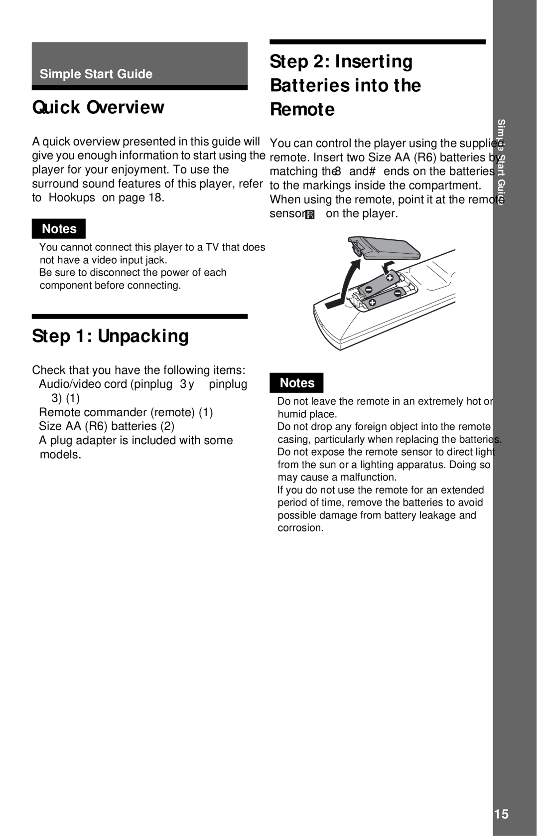 Sony DVP-NC615 operating instructions Quick Overview, Unpacking, Inserting Batteries into Remote, Sensor on the player 