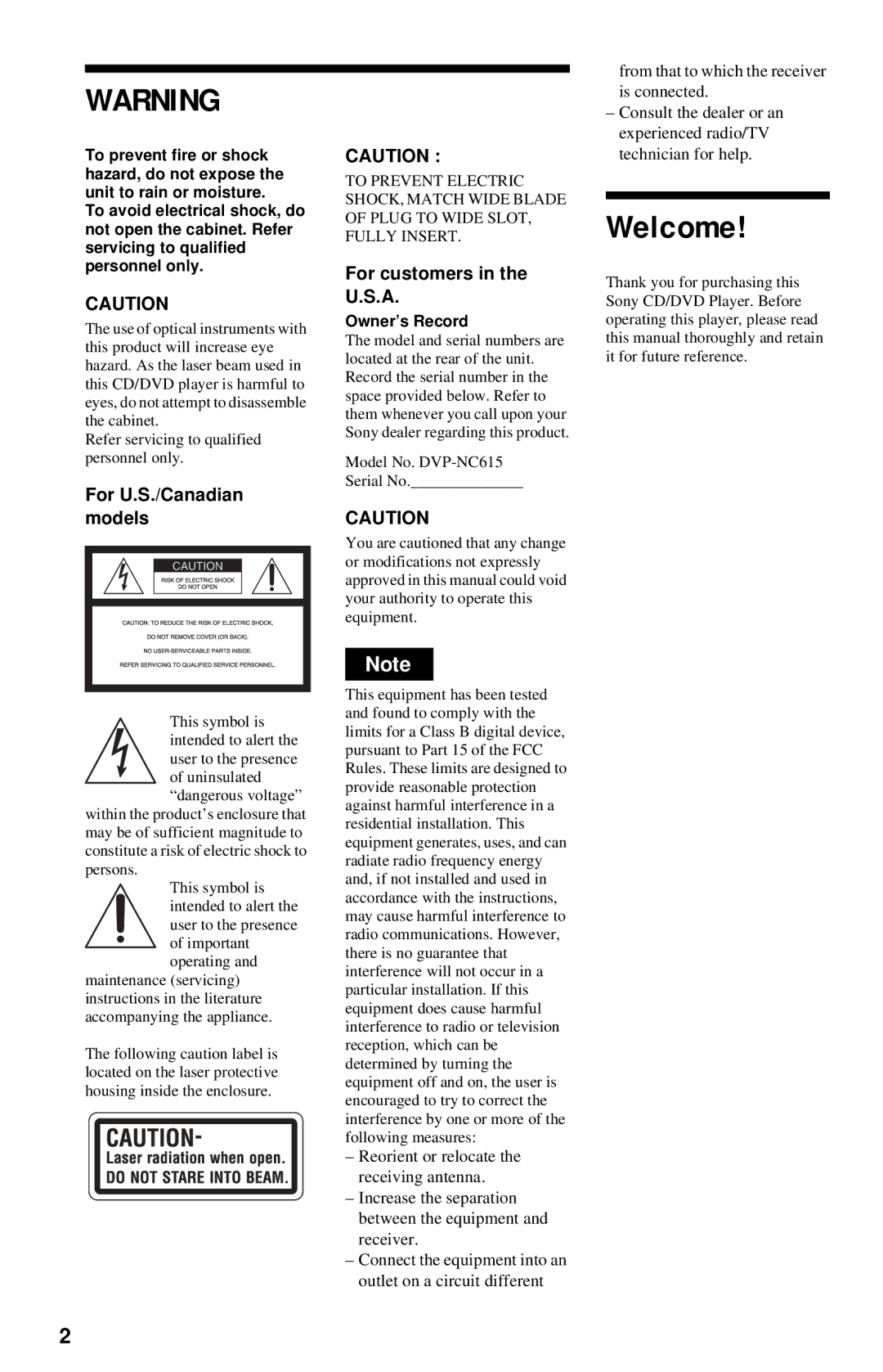 Sony DVP-NC615 operating instructions Welcome, For U.S./Canadian models, For customers in the U.S.A 