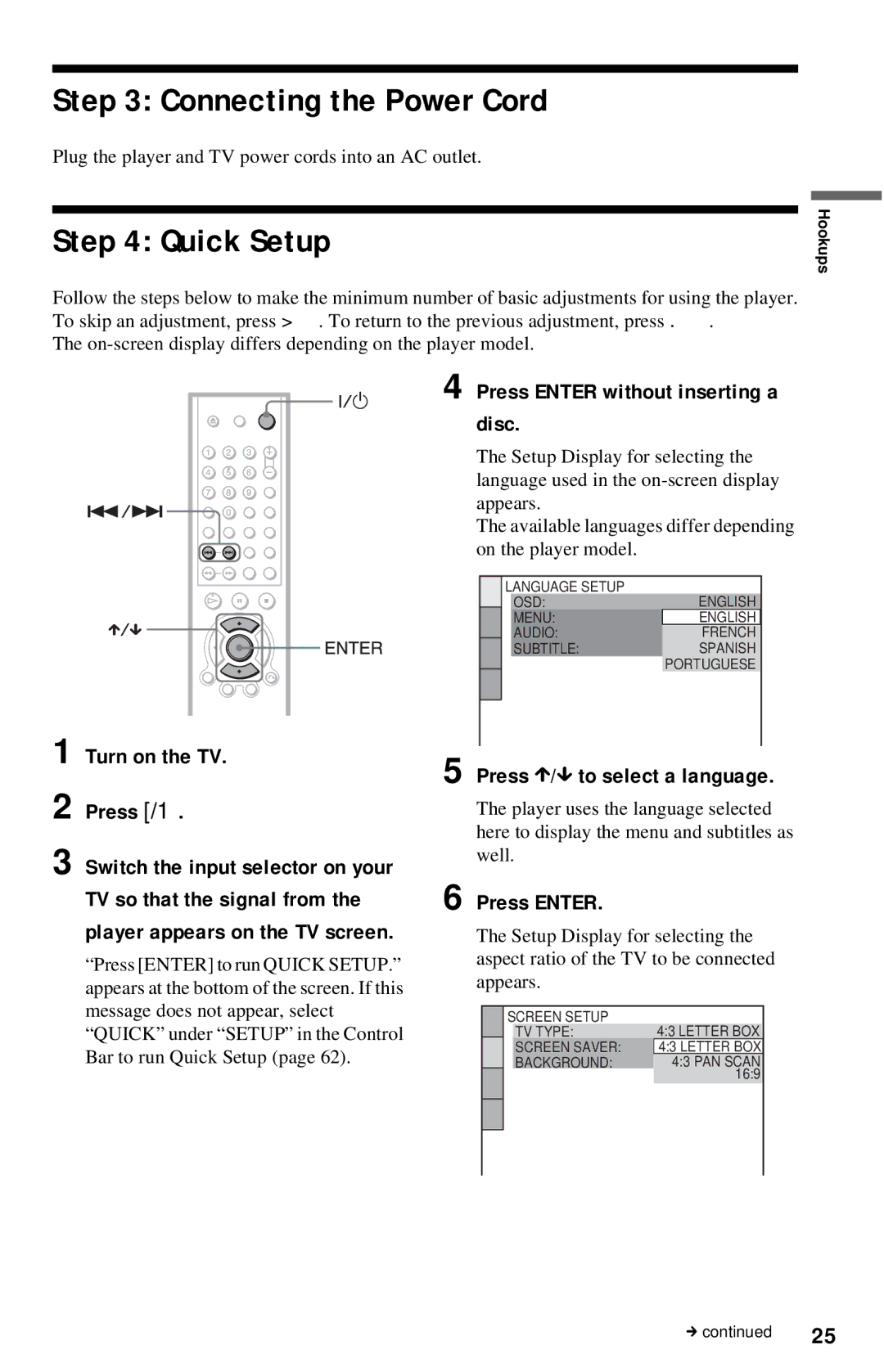 Sony DVP-NC615 operating instructions Connecting the Power Cord, Quick Setup 